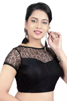 High Neck Black Dupion Silk Full Net Padded Princess Cut Short Sleeves Readymade Saree Blouse