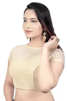 High Neck Black Dupion Silk Full Net Padded Princess Cut Short Sleeves Readymade Saree Blouse