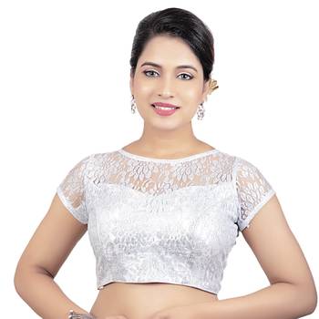 High Neck Black Dupion Silk Full Net Padded Princess Cut Short Sleeves Readymade Saree Blouse 1