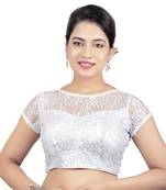 High Neck Black Dupion Silk Full Net Padded Princess Cut Short Sleeves Readymade Saree Blouse