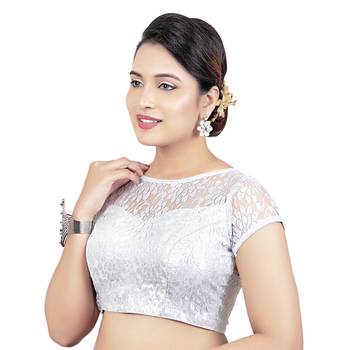 High Neck Black Dupion Silk Full Net Padded Princess Cut Short Sleeves Readymade Saree Blouse 3