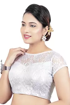 High Neck Black Dupion Silk Full Net Padded Princess Cut Short Sleeves Readymade Saree Blouse
