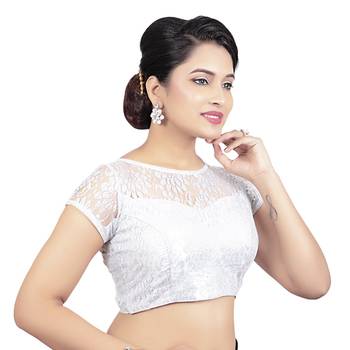High Neck Black Dupion Silk Full Net Padded Princess Cut Short Sleeves Readymade Saree Blouse 4