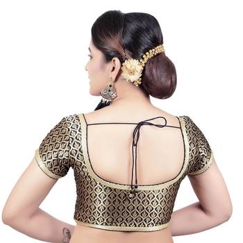 Black Brocade Princess Cut Short Sleeves Padded Readymade Saree Blouse 2