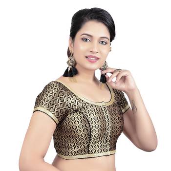 Black Brocade Princess Cut Short Sleeves Padded Readymade Saree Blouse 4