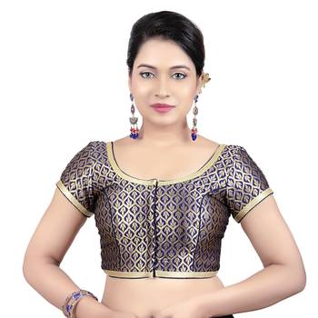 Navy Blue Brocade Princess Cut Short Sleeves Padded Readymade Saree Blouse 1