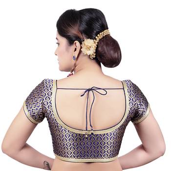 Navy Blue Brocade Princess Cut Short Sleeves Padded Readymade Saree Blouse 2