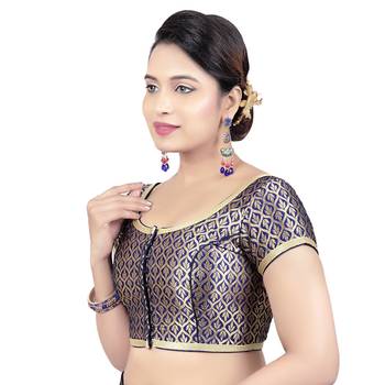Navy Blue Brocade Princess Cut Short Sleeves Padded Readymade Saree Blouse 3