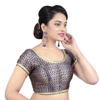 Navy Blue Brocade Princess Cut Short Sleeves Padded Readymade Saree Blouse 4