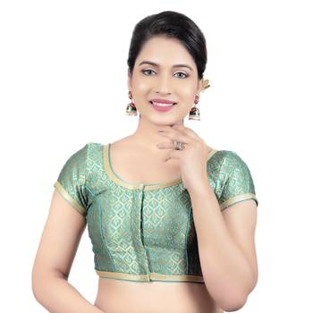 Rama Green Brocade Princess Cut Short Sleeves Padded Readymade Saree Blouse 1