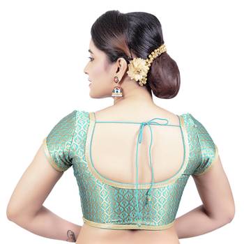 Rama Green Brocade Princess Cut Short Sleeves Padded Readymade Saree Blouse 2