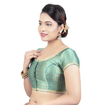 Rama Green Brocade Princess Cut Short Sleeves Padded Readymade Saree Blouse 3