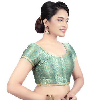 Rama Green Brocade Princess Cut Short Sleeves Padded Readymade Saree Blouse 4