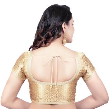 Gold Brocade Princess Cut Short Sleeves Padded Readymade Saree Blouse 2