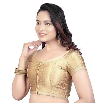 Gold Brocade Princess Cut Short Sleeves Padded Readymade Saree Blouse 3