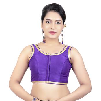 Dark Purple Plain Dupion Silk Golden Lace Princess Cut Padded Sleeveless Readymade Saree Blouse 1