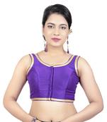 Dark Purple Plain Dupion Silk Golden Lace Princess Cut Padded Sleeveless Readymade Saree Blouse