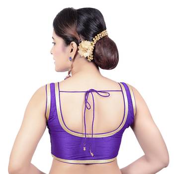 Dark Purple Plain Dupion Silk Golden Lace Princess Cut Padded Sleeveless Readymade Saree Blouse 2