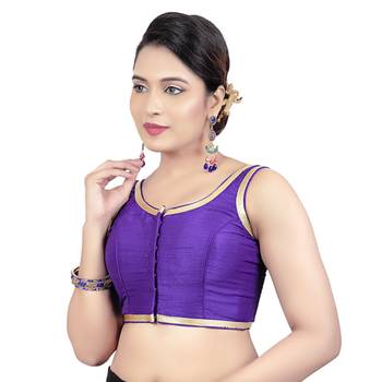 Dark Purple Plain Dupion Silk Golden Lace Princess Cut Padded Sleeveless Readymade Saree Blouse 3