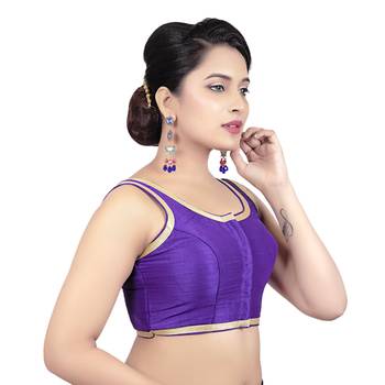 Dark Purple Plain Dupion Silk Golden Lace Princess Cut Padded Sleeveless Readymade Saree Blouse 4