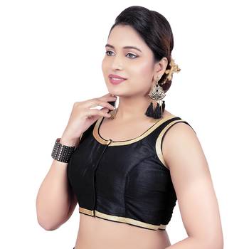 Black Plain Dupion Silk Princess Cut Padded Sleeveless Readymade Saree Blouse 3