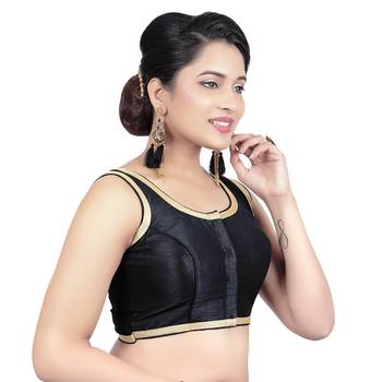 Black Plain Dupion Silk Princess Cut Padded Sleeveless Readymade Saree Blouse 4
