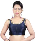 Navy Blue Plain Dupion Silk Golden Lace Princess Cut Padded Sleeveless Readymade Saree Blouse