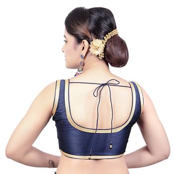 Navy Blue Plain Dupion Silk Golden Lace Princess Cut Padded Sleeveless Readymade Saree Blouse 2