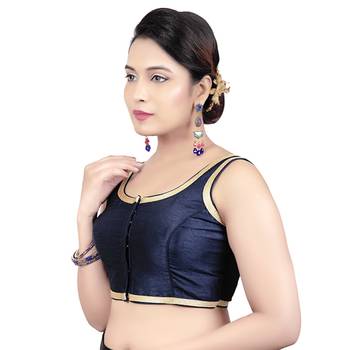 Navy Blue Plain Dupion Silk Golden Lace Princess Cut Padded Sleeveless Readymade Saree Blouse 3