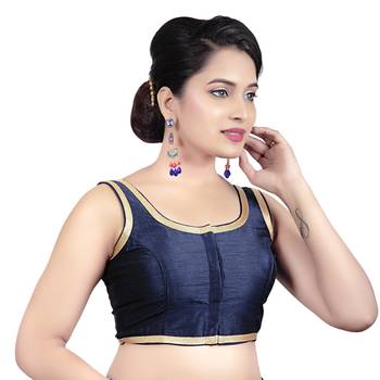 Navy Blue Plain Dupion Silk Golden Lace Princess Cut Padded Sleeveless Readymade Saree Blouse 4