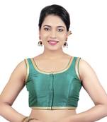 Rama Green Plain Dupion Silk Golden Lace Princess Cut Padded Sleeveless Readymade Saree Blouse