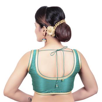 Rama Green Plain Dupion Silk Golden Lace Princess Cut Padded Sleeveless Readymade Saree Blouse 2