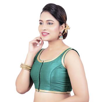 Rama Green Plain Dupion Silk Golden Lace Princess Cut Padded Sleeveless Readymade Saree Blouse 3
