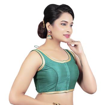 Rama Green Plain Dupion Silk Golden Lace Princess Cut Padded Sleeveless Readymade Saree Blouse 4