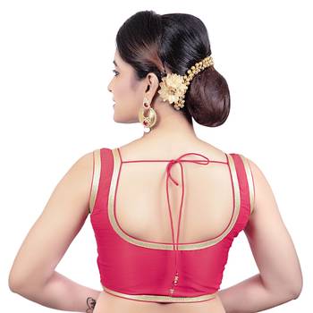 Red Plain Dupion Silk Golden Lace Princess Cut Padded Sleeveless Readymade Saree Blouse 2