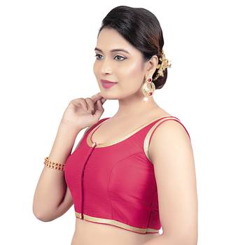Red Plain Dupion Silk Golden Lace Princess Cut Padded Sleeveless Readymade Saree Blouse 3