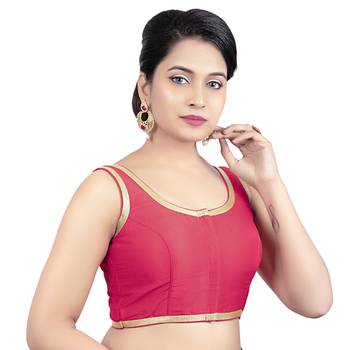 Red Plain Dupion Silk Golden Lace Princess Cut Padded Sleeveless Readymade Saree Blouse 4