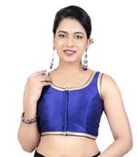 Royal Blue Plain Dupion Silk Golden Lace Princess Cut Padded Sleeveless Readymade Saree Blouse