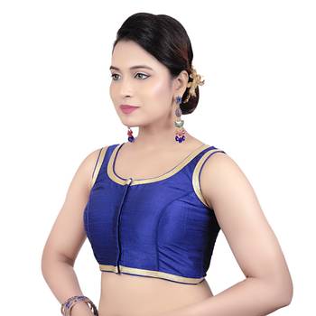 Royal Blue Plain Dupion Silk Golden Lace Princess Cut Padded Sleeveless Readymade Saree Blouse 3