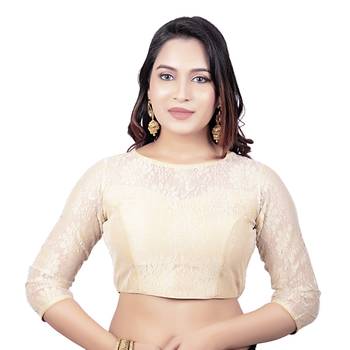 Net Butter Crepe Gold Princess Cut Padded 3/4Th Sleeves Readymade Saree Blouse 1