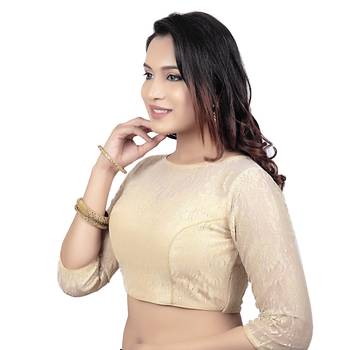 Net Butter Crepe Gold Princess Cut Padded 3/4Th Sleeves Readymade Saree Blouse 3