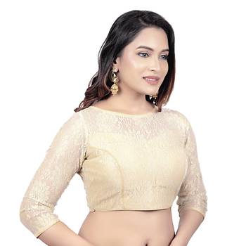 Net Butter Crepe Gold Princess Cut Padded 3/4Th Sleeves Readymade Saree Blouse 4
