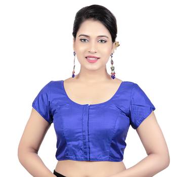 Royal Blue Banglori Silk Plain Short Sleeves Princess Cut Padded Readymade Saree Blouse 1