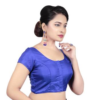 Royal Blue Banglori Silk Plain Short Sleeves Princess Cut Padded Readymade Saree Blouse 4