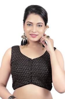 Black V Neck Tikkli Work Cotton Princess Cut Padded Sleeveless Readymade Saree Blouse