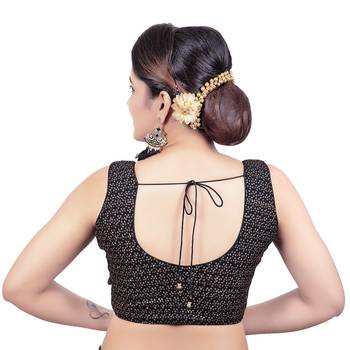 Black V Neck Tikkli Work Cotton Princess Cut Padded Sleeveless Readymade Saree Blouse 2