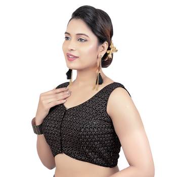 Black V Neck Tikkli Work Cotton Princess Cut Padded Sleeveless Readymade Saree Blouse 3