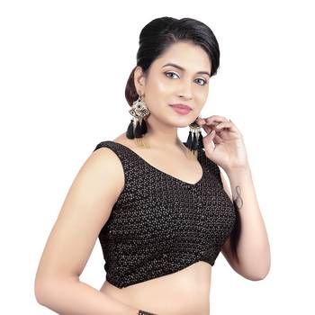 Black V Neck Tikkli Work Cotton Princess Cut Padded Sleeveless Readymade Saree Blouse 4