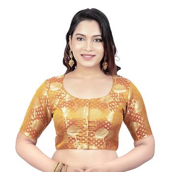 Brocade Mustard Umbrella Design Half Sleeves Princess Cut Padded Readymade Saree Blouse 1
