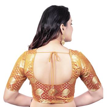 Brocade Mustard Umbrella Design Half Sleeves Princess Cut Padded Readymade Saree Blouse 2